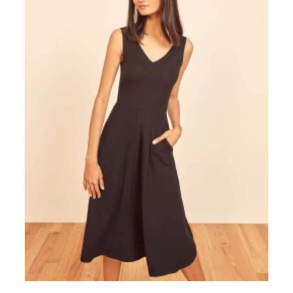 Reformation Black Sleeveless V-Neck Midi Myra Dress